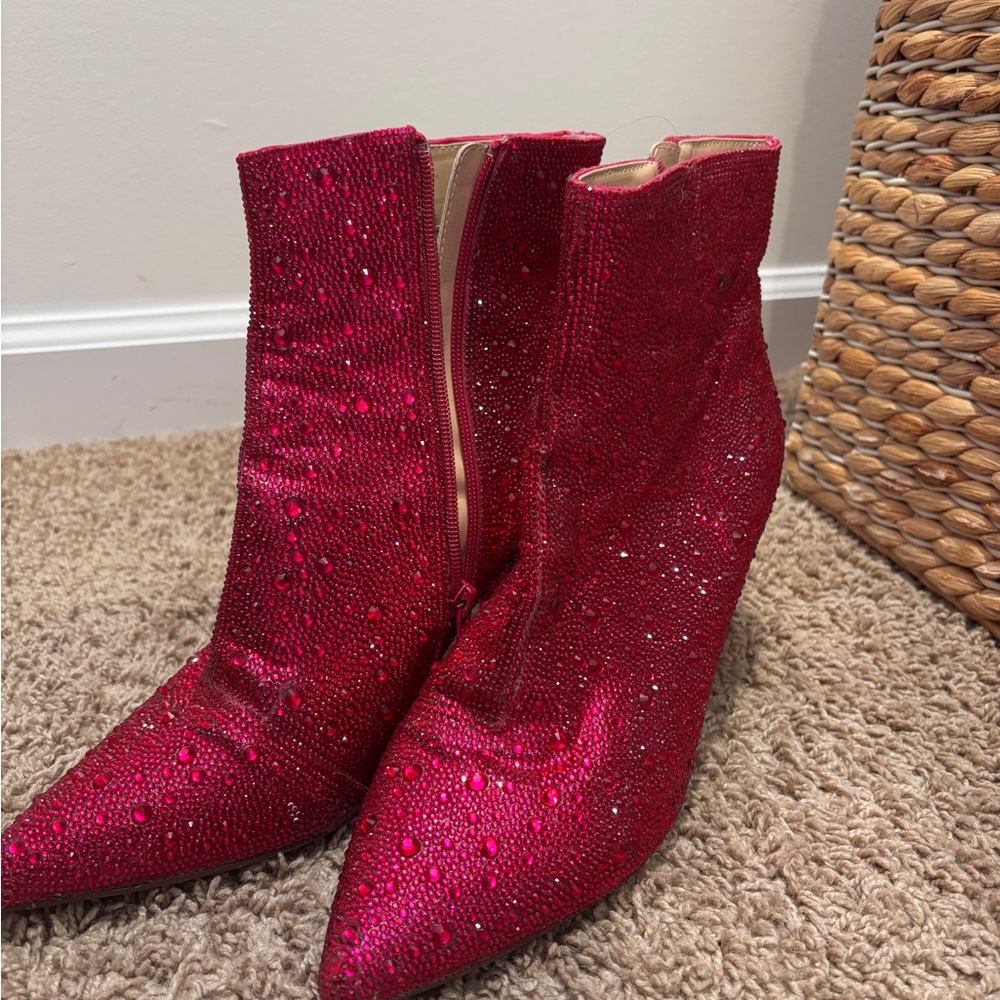 Betsey Johnson Red Crystal-Embellished Pointed Ankle Boots